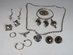 A COLLECTION OF SILVER AND WHITE METAL MODERNIST COSTUME JEWELLERY, to include a hand crafted