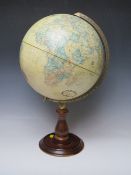 A CONTEMPORARY REPLOGLE 12" DIAMETER GLOBE, world classic series, on turned wooden stand, H 50 cm,