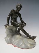 A 20TH CENTURY BRONZED FIGURE OF MERCURY SEATED ON A NATURALISTIC ROCKY BASE