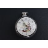 A HALLMARKED SILVER PAIR CASED PICTURE ENAMEL DIAL POCKET WATCH BY J E MASON - WORCESTER, numbered