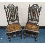 A PAIR OF CARVED OAK JACOBEAN STYLE CHAIRS, with typical barleytwist supports (2)