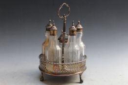 A GEORGIAN HALLMARKED SILVER FIVE BOTTLE CRUET STAND - LONDON 1774, A/F with many faults, damage