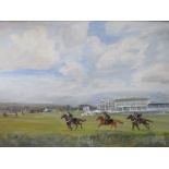 H.G. BUXTON. Racecourse scene with jockeys giving the horses training runs, signed and dated 1995
