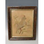 A LATE 18TH / EARLY 19TH CENTURY NEEDLEWORK, depicting a bird resting on a branch, framed and