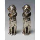 A LONDON HALLMARKED SILVER NOVELTY DOG SHAPED CRUET SET, makers mark for WW, modelled as seated dogs