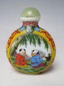 AN ORIENTAL PAINTED GLASS SNUFF, with enamel painted decoration depicting young children studying