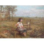 (XIX-XX). Study of two gypsy girls and caravan in wooded landscape, signed lower left, oil on board,