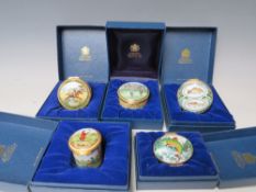 A COLLECTION OF FIVE OUTDOOR / COUNTRY PURSUITS HALCYON DAYS ENAMEL PILL BOXES, comprising '