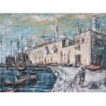 JOSEF IZAKY (XX). Impressionist study of The Port of Accra, with boats and figure, signed lower