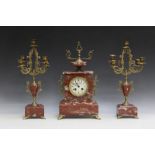 A 19TH CENTURY CONTINENTAL MARBLE AND GILT METAL CLOCK GARNITURE BY A.D. MOUGIN, clock H 42 cm,