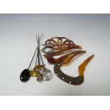 A COLLECTION OF VINTAGE HAIR ACCESSORIES, comprising five assorted hat pins, including a 15ct gold