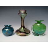 A MDINA SHAPED STUDIO GLASS VASE, together with a Royal Brierley blue lustre posy vase and an