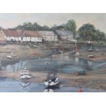 FAYE (XX). British school, coastal fishing village with moored and beached boats in estuary,