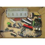 A BOX CONTAINING AN ASSORTMENT OF MODEL RAILWAY CARRIAGES, signals, buildings and engines