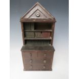 A LATE 19TH CENTURY MINIATURE COUNTRYMADE LIBRARY BOOKCASE, with four drawers to the base, H 36