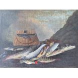 (XVIII-XIX). Study of fish and a creel on a bank, pike, perch, trout etc, unsigned, oil on canvas,