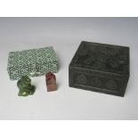 AN ORIENTAL CARVED HARDSTONE LIDDED BOX, approx 10 x 10 x 4.5 cm, together with a carved figure of a