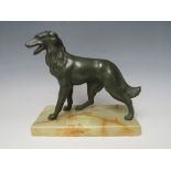 A 20TH CENTURY BRONZED HOUND, standing on a rectangular marble base, H 19.5 cm, W 20.5 cm