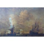 CIRCLE OF PETER VAN DEN VELDE (1634-c1724). Dutch sailing ships in rough seas, oil on canvas,