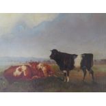 (XIX). British school, cattle resting in a stormy landscape, unsigned, oil on canvas laid on card,