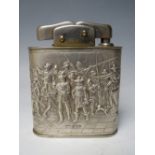 SILVER CASED TABLE LIGHTER WITH EMBOSSED SCENES OF CAVALIER SOLDIERS, with Amsterdam assay marks,