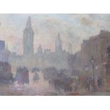 (XIX). Misty town street scene with horses, carriage and figures, unsigned, bears name F.M. Bell-