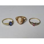 THREE 9CT GOLD LADIES DRESS RINGS, comprising a cameo ring size R, a tanzanite ring size T and a