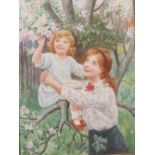 WILLIAM E. EVANS (D.1909). Study of two children under a blossom tree 'Springtime'. see verso,