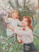 WILLIAM E. EVANS (D.1909). Study of two children under a blossom tree 'Springtime'. see verso,