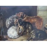 (XIX). British school, a barn interior with a number of dogs by a fire 'A Fireside Party', inscribed