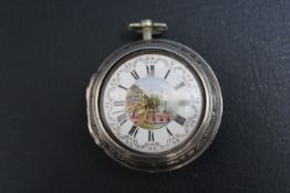 A HALLMARKED SILVER PAIR CASED PICTURE ENAMEL DIAL POCKET WATCH BY SAM HEYDON - LONDON 1766, outer