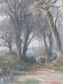 HENRY CHARLES FOX (1860-1925). Rural wooded landscape with horses and figure in a lane, village