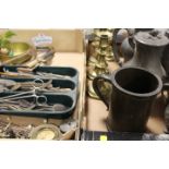TWO TRAYS OF ASSORTED METALWARE TO INCLUDE A BRONZE TANKARD WITH CROWN STAMP AND 'RWR' PLUS