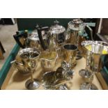 A TRAY OF ASSORTED METALWARE TO INCLUDE FOUR PIECE TEA SET, GOBLETS ETC