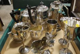 A TRAY OF ASSORTED METALWARE TO INCLUDE FOUR PIECE TEA SET, GOBLETS ETC
