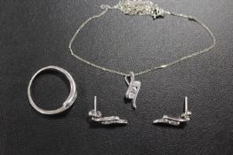 A 9CT WHITE GOLD PENDANT NECKLACE, RING AND EARRINGS SET