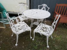 A WHITE PAINTED CAST ALLOY PATIO TABLE AND FOUR CHAIRS