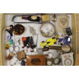 A TRAY OF ASSORTED COLLECTABLES TO INCLUDE MAUCHLINE WARE BOX MINIATURE CLOCKS ETC..