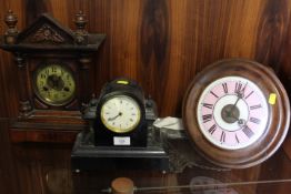 A VINTAGE MAHOGANY CASED POSTMANS WALL CLOCK - INCLUDING TWIN WEIGHTS AND PENDULUM, A VINTAGE