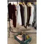 A RAIL OF ASSORTED EX SHOW HOME DISPLAY CLOTHING TOGETHER WITH BOX OF ASSORTED NEW FOOTWEAR