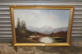 A LARGE GILT FRAMED OIL ON BOARD OF A MOUNTAINOUS RIVER SCENE - SIGNED LOWER RIGHT CAMPBELL