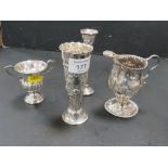 A COLLECTION OF HALLMARKED SILVER COMPRISING TWO BUD VASES, SMALL JUG AND A CAMPANA URN SHAPED
