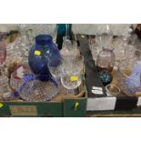 TWO TRAYS OF ASSORTED GLASSWARE TO INCLUDE VARIOUS CUT GLASS ITEMS, DECANTERS, CAITHNESS EXAMPLES