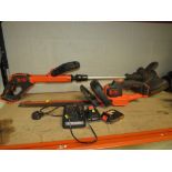 A BLACK & DECKER 18V CORDLESS STRIMMER TOGETHER WITH A CORDLESS HEDGE TRIMMER CHARGER AND BATTERY