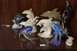 A COLLECTION OF DOLPHIN FIGURES TO INCLUDE TWO MURANO / STUDIO GLASS EXAMPLES