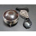 A HALLMARKED SILVER AND TORTOISESHELL LIDDED BOX A/F, TOGETHER WITH A WHITE METAL CASED EYE GLASS