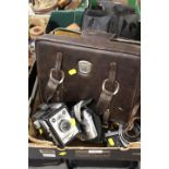 A TRAY OF ASSORTED CAMERAS AND ACCESSORIES ETC TO INCLUDE A PAXETTE IN FITTED TRAVEL CASE