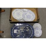 A TRAY OF ANTIQUE BLUE AND WHITE DINNERWARE