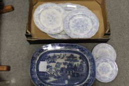 A TRAY OF ANTIQUE BLUE AND WHITE DINNERWARE