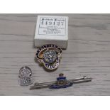 A SILVER AND ENAMEL MILITARY BAR BROOCH, SILVER ARP BADGE ETC